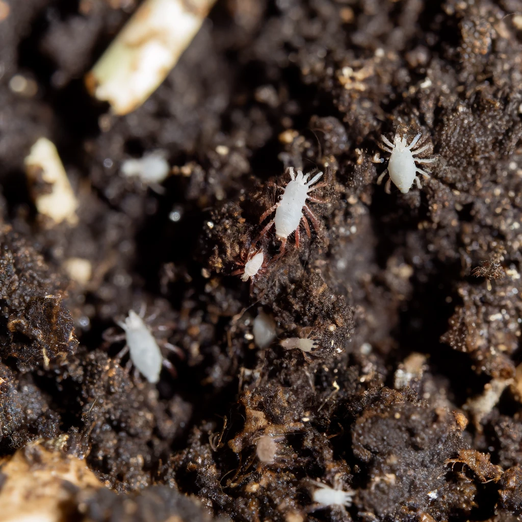 Close-up of soil mites on dark garden soil with organic debris.